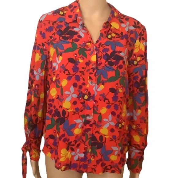 Maeve Red Floral Button-Down Shirt w/ Multicolor fruit Print Sz 12 - Picture 4 of 12